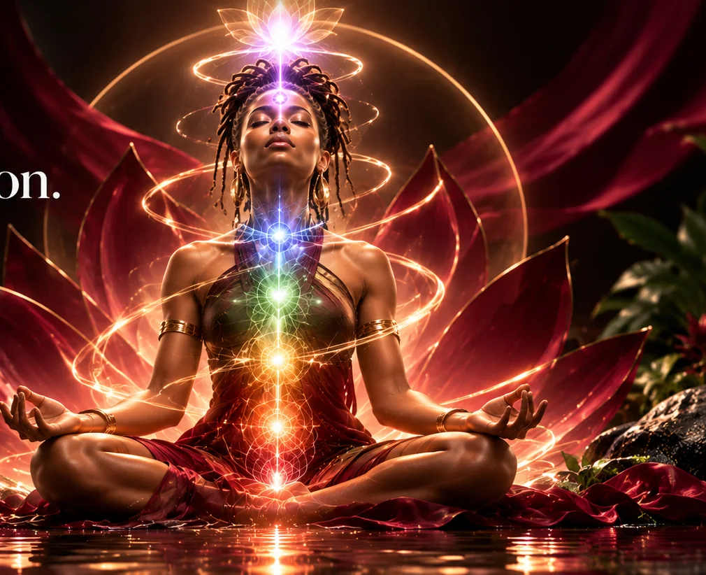 Meditating human figure illuminated by interconnected lights, representing mind, body and spirit