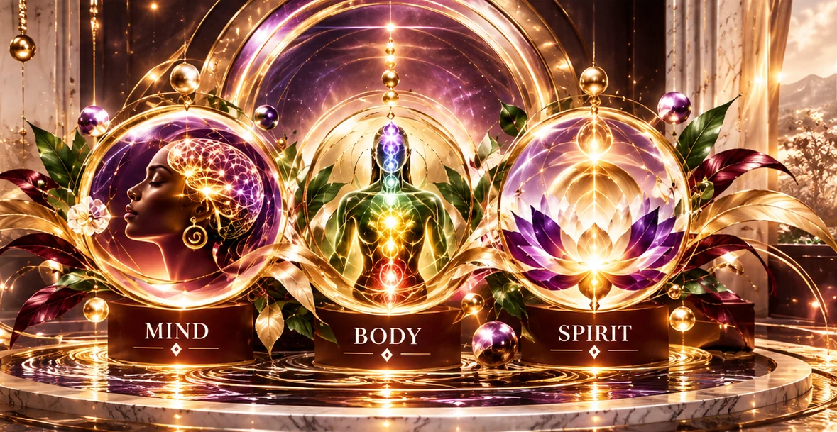 Mind, Body, and Spirit represented by three interconnected illuminated human forms
