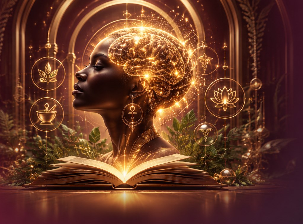 Luminous scholar with illuminated mind rising from an open book, representing Knowledge Awakens Power