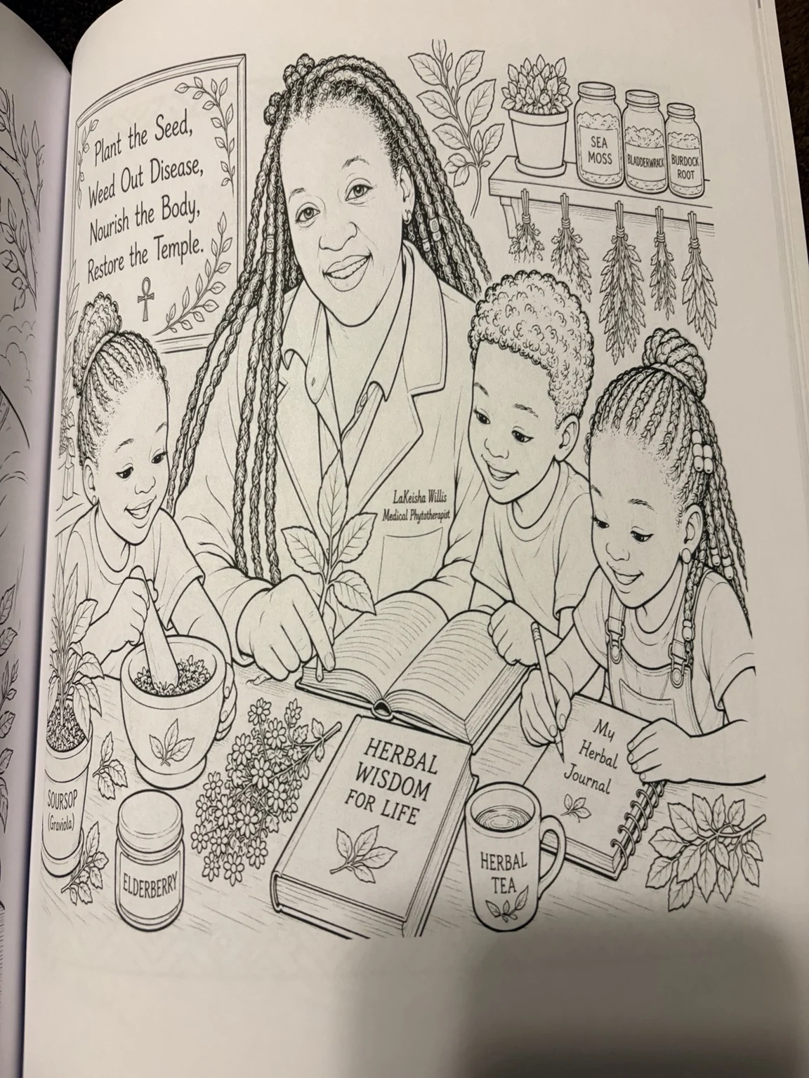 Herbalist and children learning together in an interior coloring illustration